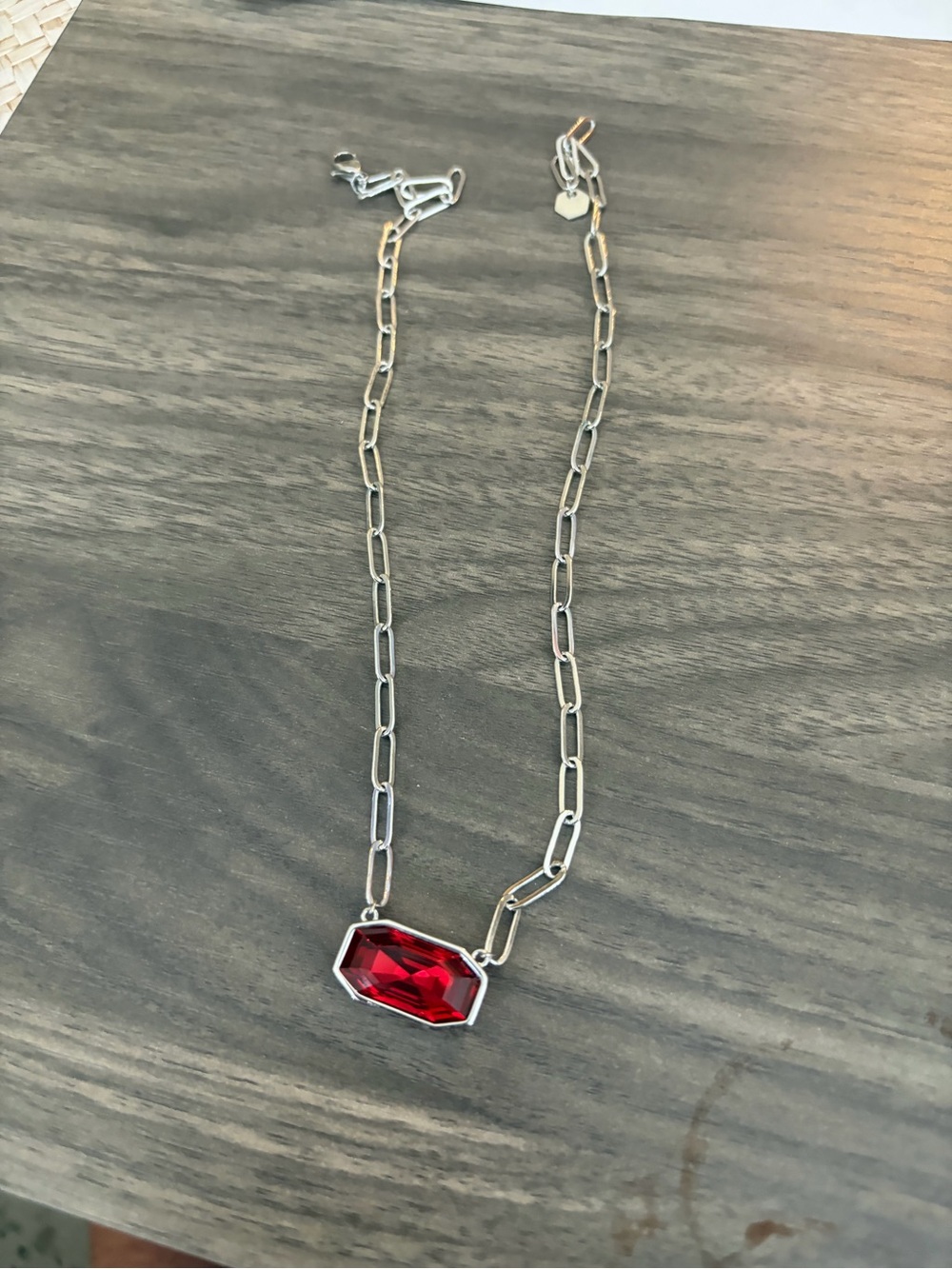 Touchstone Crystal Silver Paperclip Necklace with Red Gem Pendant